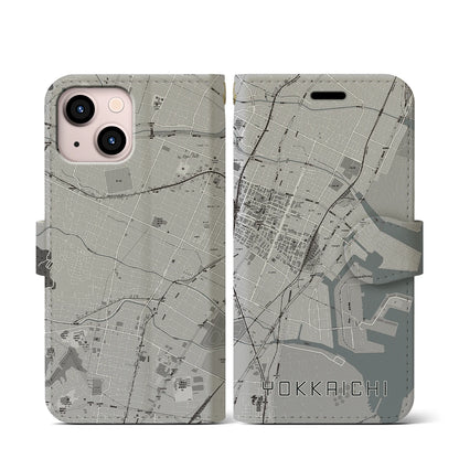 【四日市（三重県）】地図柄iPhoneケース（手帳タイプ）モノトーン・iPhone 13 mini 用