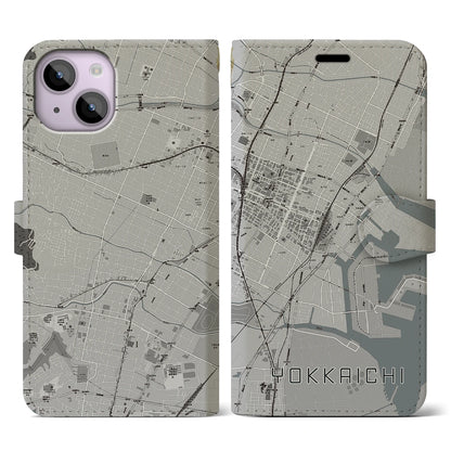 【四日市（三重県）】地図柄iPhoneケース（手帳タイプ）モノトーン・iPhone 14 用