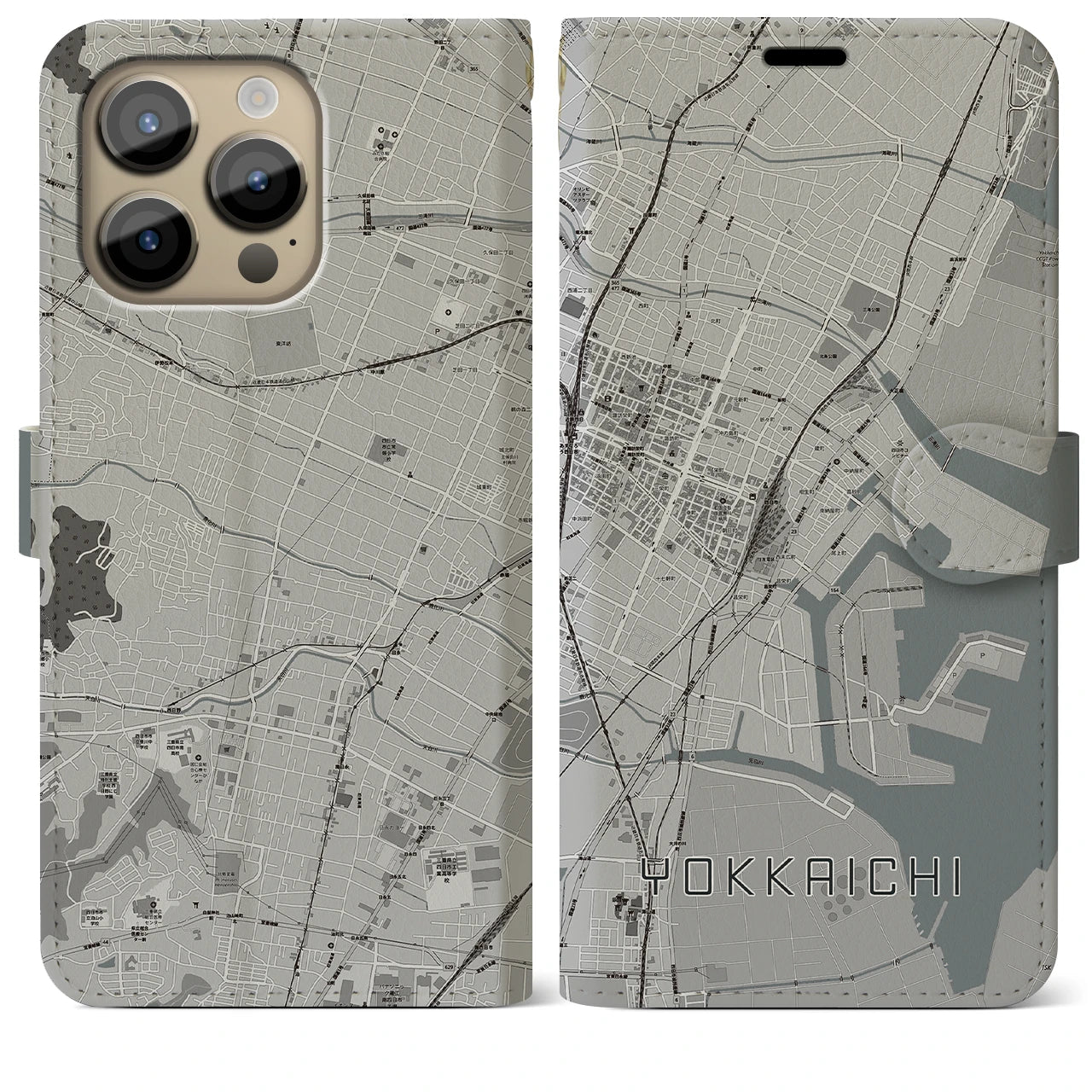 【四日市】地図柄iPhoneケース（手帳両面タイプ・モノトーン）iPhone 14 Pro Max 用