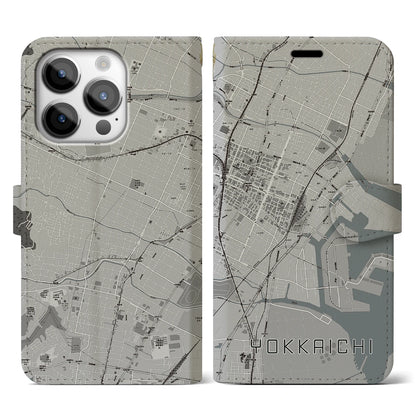 【四日市（三重県）】地図柄iPhoneケース（手帳タイプ）モノトーン・iPhone 14 Pro 用