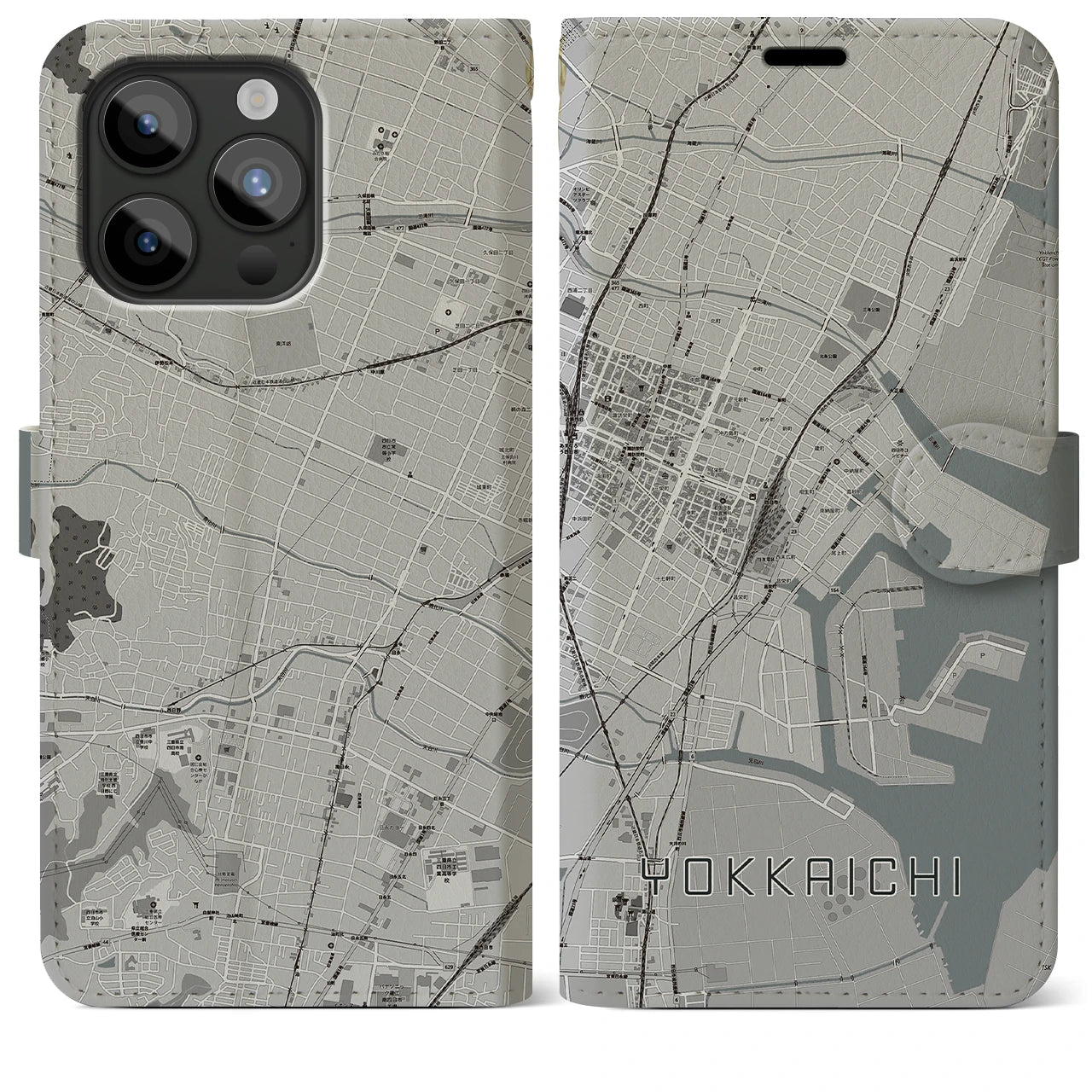 【四日市】地図柄iPhoneケース（手帳両面タイプ・モノトーン）iPhone 15 Pro Max 用