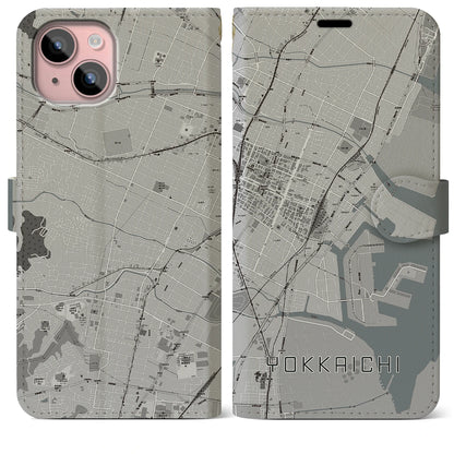 【四日市（三重県）】地図柄iPhoneケース（手帳タイプ）モノトーン・iPhone 15 Plus 用