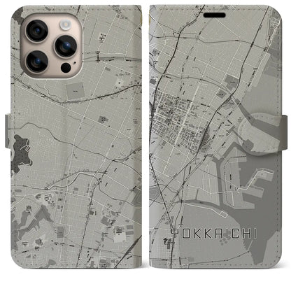 【四日市（三重県）】地図柄iPhoneケース（手帳タイプ）モノトーン・iPhone 16 Plus 用