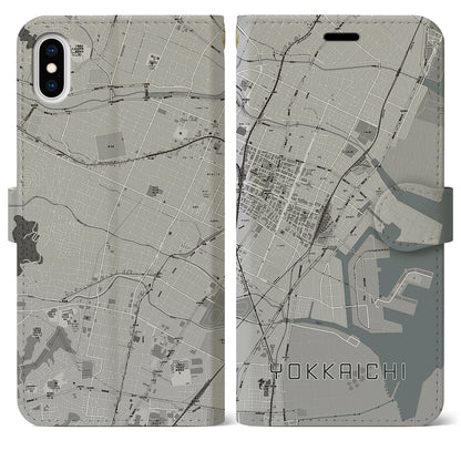 【四日市（三重県）】地図柄iPhoneケース（手帳タイプ）モノトーン・iPhone XS Max 用