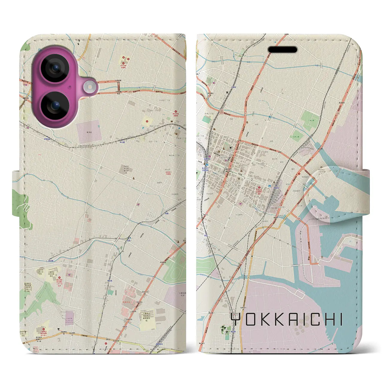 【四日市（三重県）】地図柄iPhoneケース（手帳タイプ）ナチュラル・iPhone 16 Pro 用