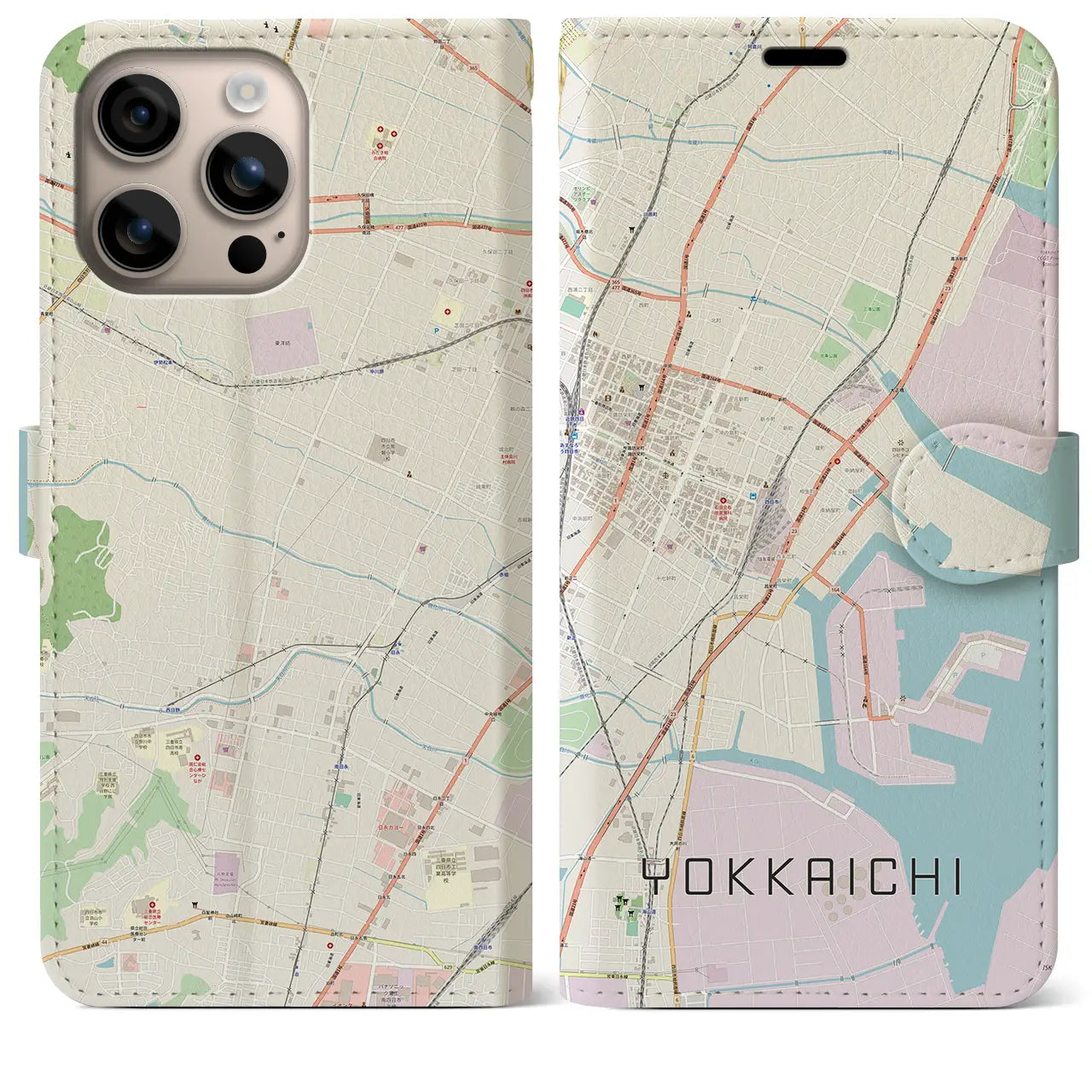 【四日市（三重県）】地図柄iPhoneケース（手帳タイプ）ナチュラル・iPhone 16 Plus 用