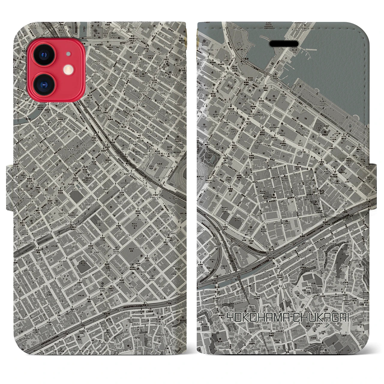【横浜中華街】地図柄iPhoneケース（手帳両面タイプ・モノトーン）iPhone 11 用