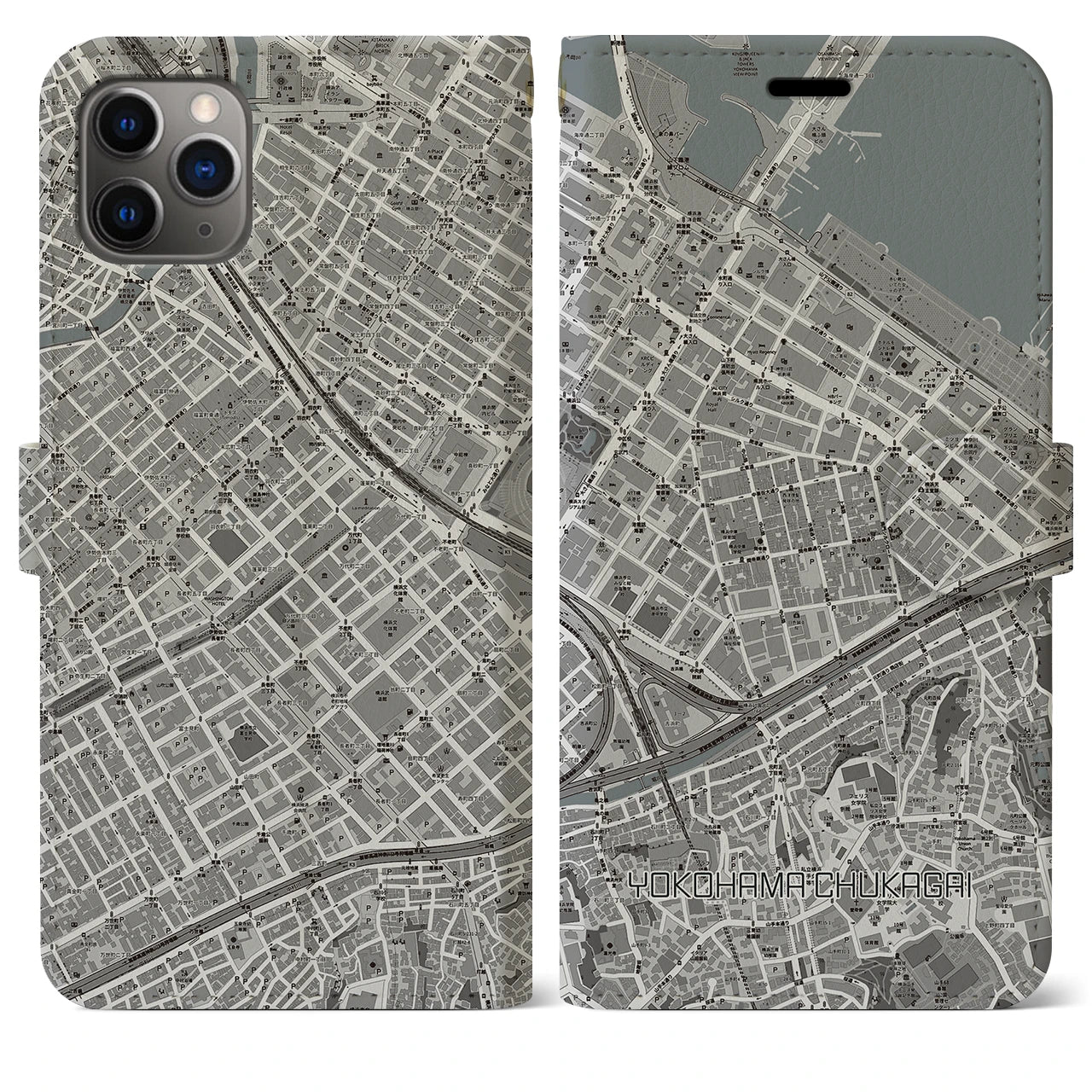 【横浜中華街】地図柄iPhoneケース（手帳両面タイプ・モノトーン）iPhone 11 Pro Max 用