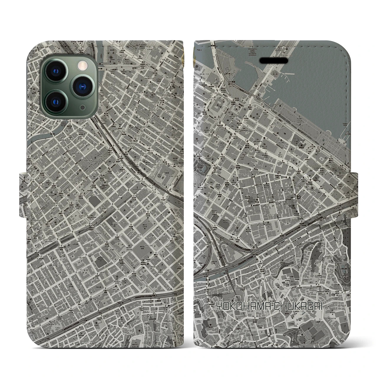 【横浜中華街】地図柄iPhoneケース（手帳両面タイプ・モノトーン）iPhone 11 Pro 用
