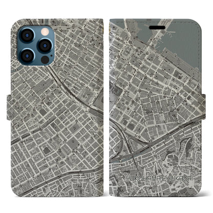 【横浜中華街（神奈川県）】地図柄iPhoneケース（手帳タイプ）モノトーン・iPhone 12 / 12 Pro 用