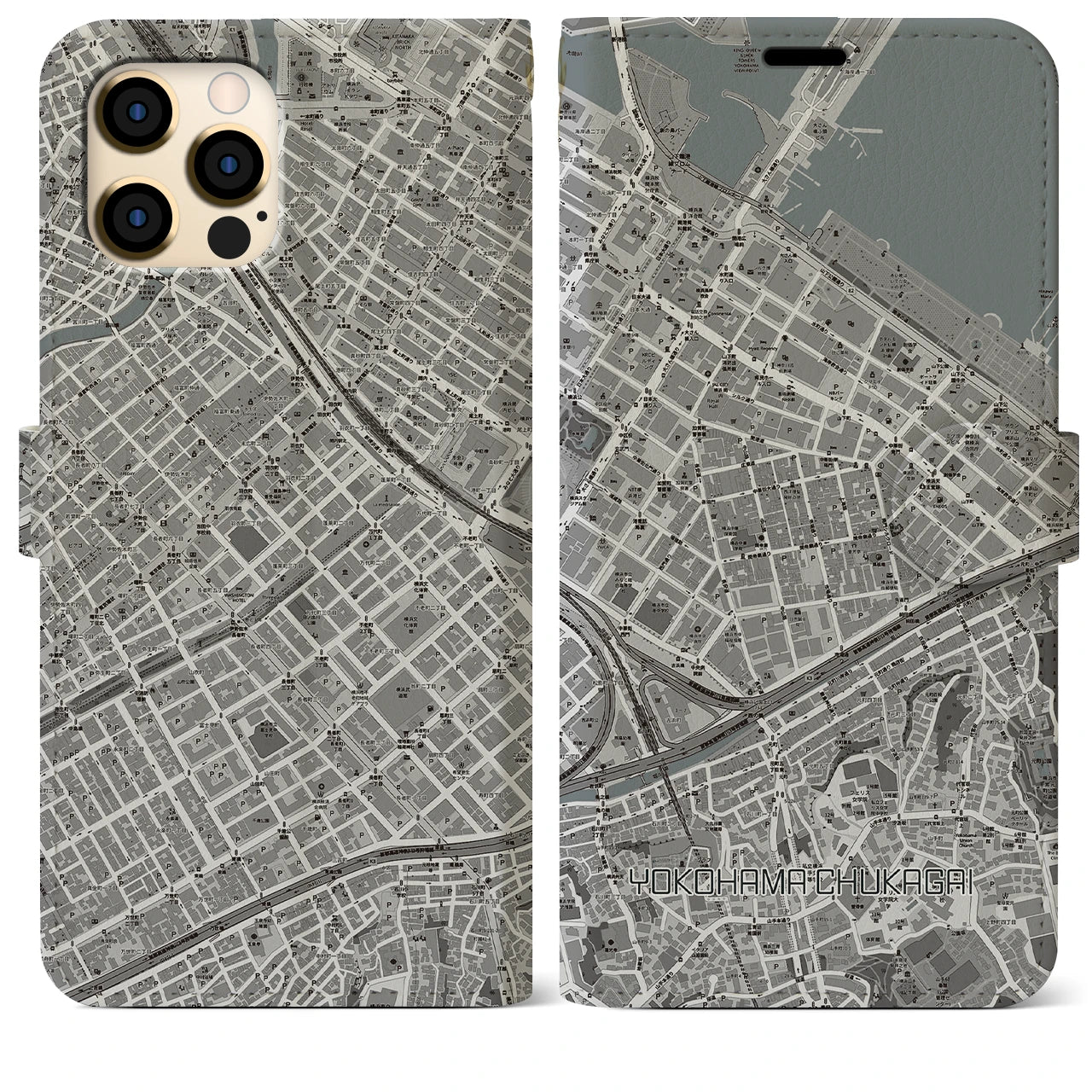 【横浜中華街】地図柄iPhoneケース（手帳両面タイプ・モノトーン）iPhone 12 Pro Max 用