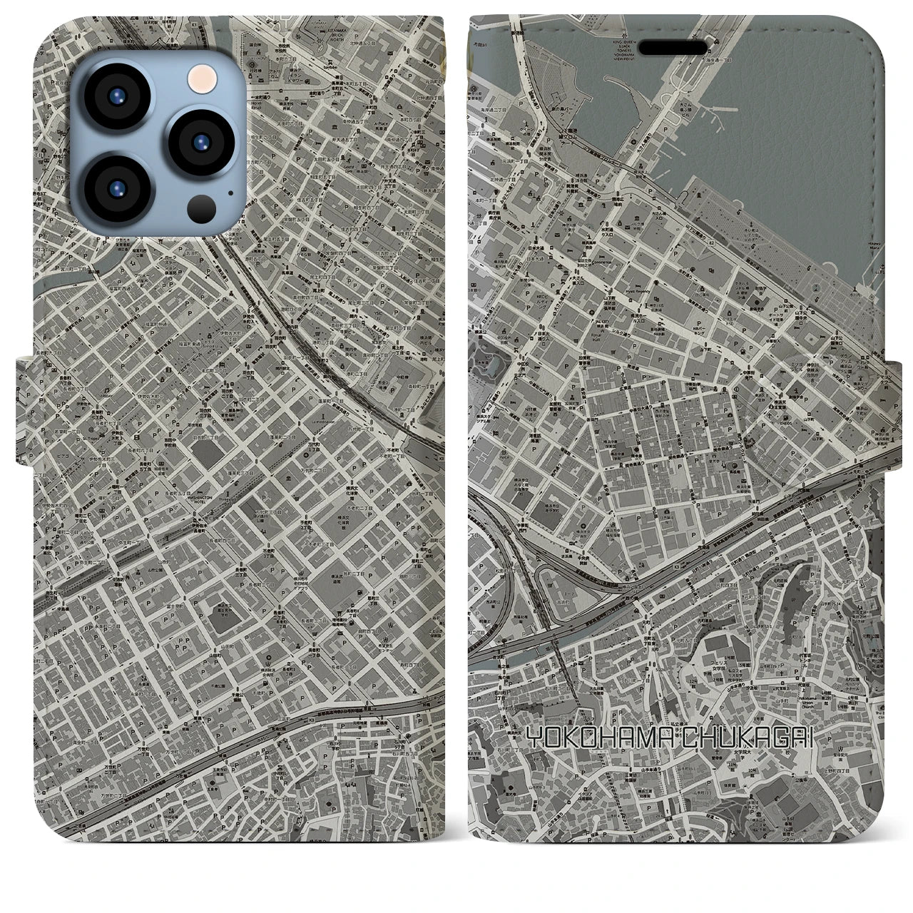 【横浜中華街】地図柄iPhoneケース（手帳両面タイプ・モノトーン）iPhone 13 Pro Max 用