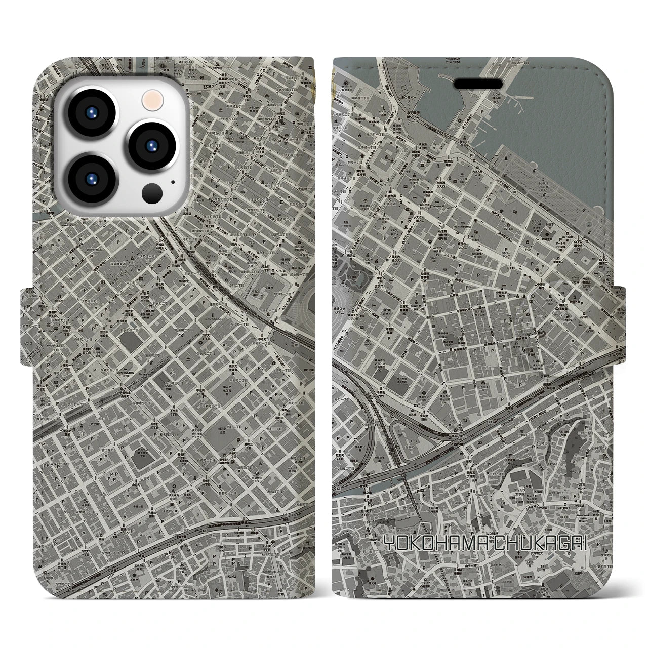 【横浜中華街】地図柄iPhoneケース（手帳両面タイプ・モノトーン）iPhone 13 Pro 用