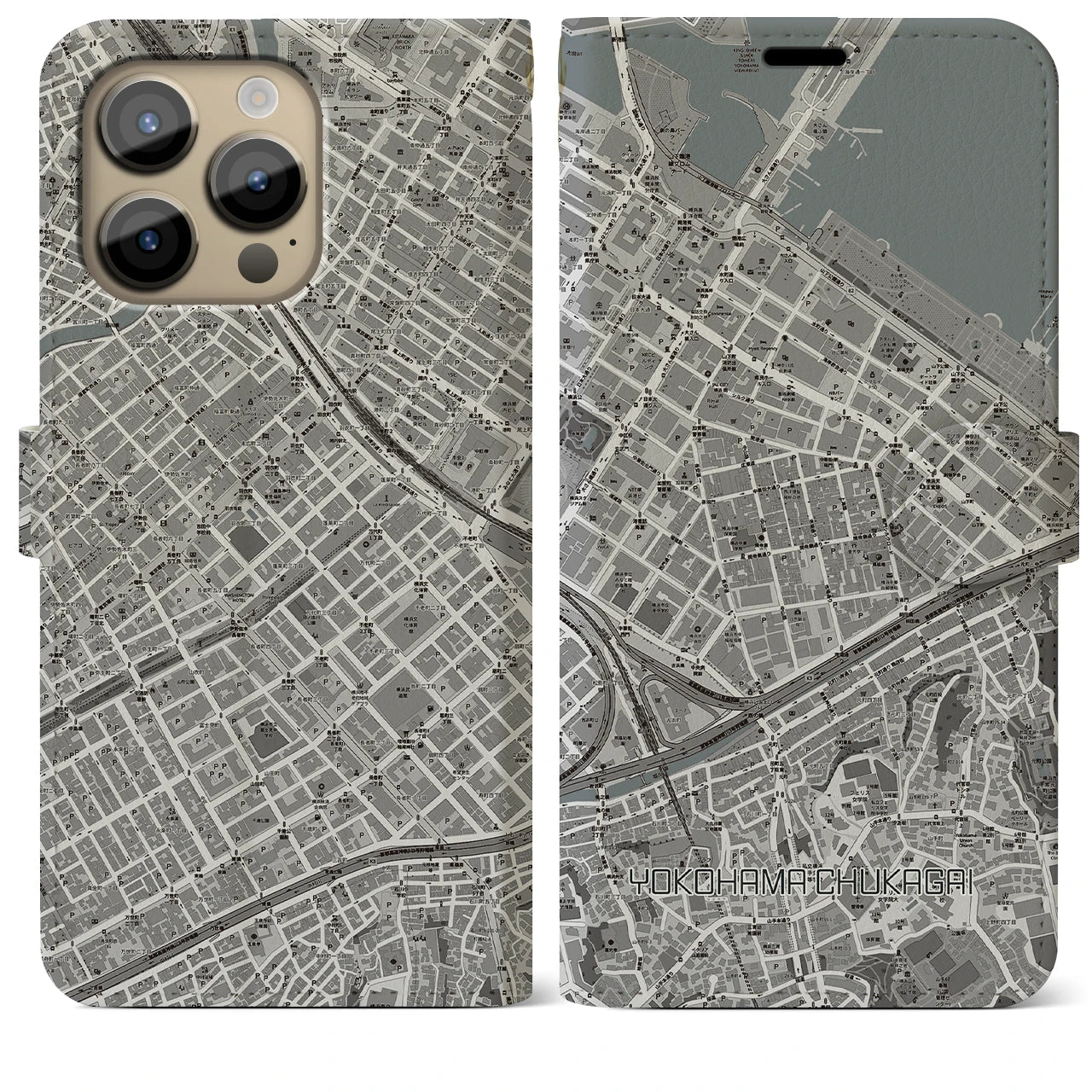 【横浜中華街】地図柄iPhoneケース（手帳両面タイプ・モノトーン）iPhone 14 Pro Max 用