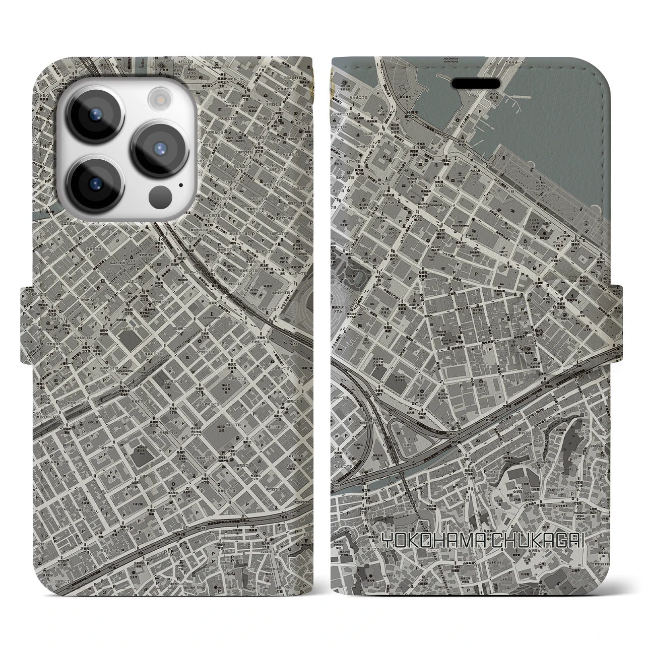 【横浜中華街】地図柄iPhoneケース（手帳両面タイプ・モノトーン）iPhone 14 Pro 用
