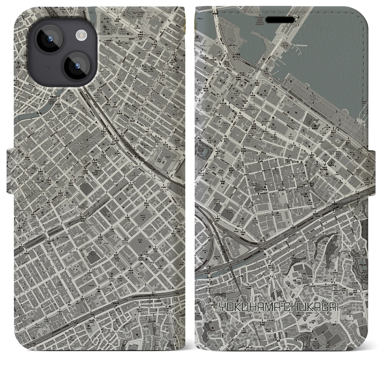 【横浜中華街】地図柄iPhoneケース（手帳両面タイプ・モノトーン）iPhone 14 Plus 用