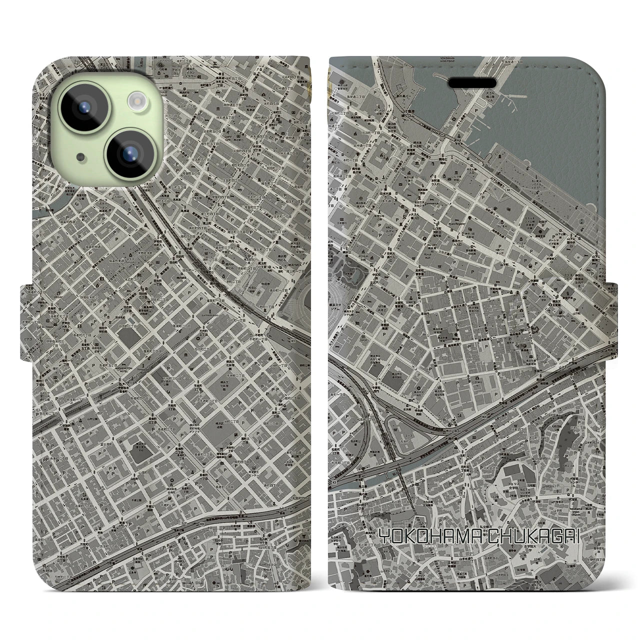 【横浜中華街】地図柄iPhoneケース（手帳両面タイプ・モノトーン）iPhone 15 用