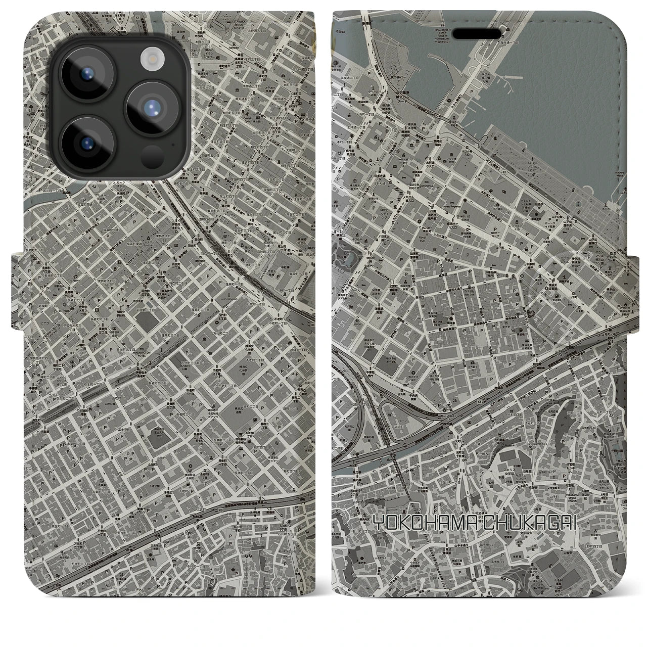 【横浜中華街】地図柄iPhoneケース（手帳両面タイプ・モノトーン）iPhone 15 Pro Max 用