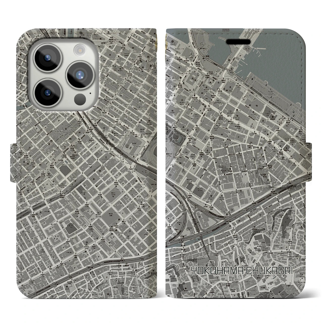 【横浜中華街】地図柄iPhoneケース（手帳両面タイプ・モノトーン）iPhone 15 Pro 用