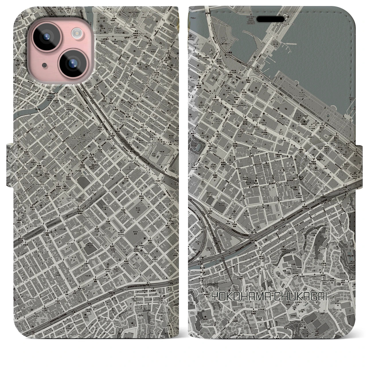 【横浜中華街】地図柄iPhoneケース（手帳両面タイプ・モノトーン）iPhone 15 Plus 用