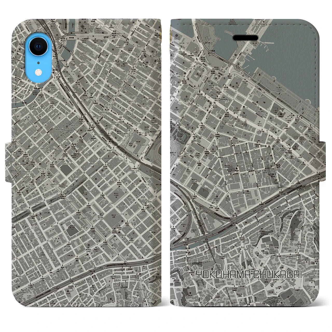 【横浜中華街】地図柄iPhoneケース（手帳両面タイプ・モノトーン）iPhone XR 用