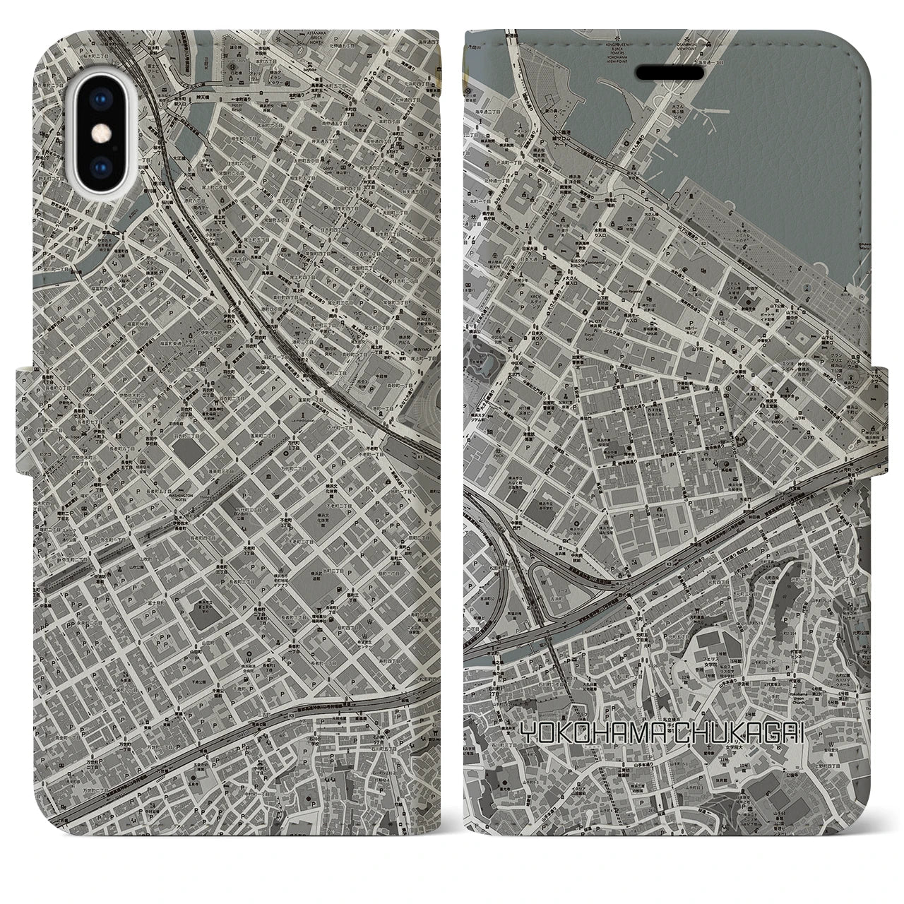 【横浜中華街】地図柄iPhoneケース（手帳両面タイプ・モノトーン）iPhone XS Max 用