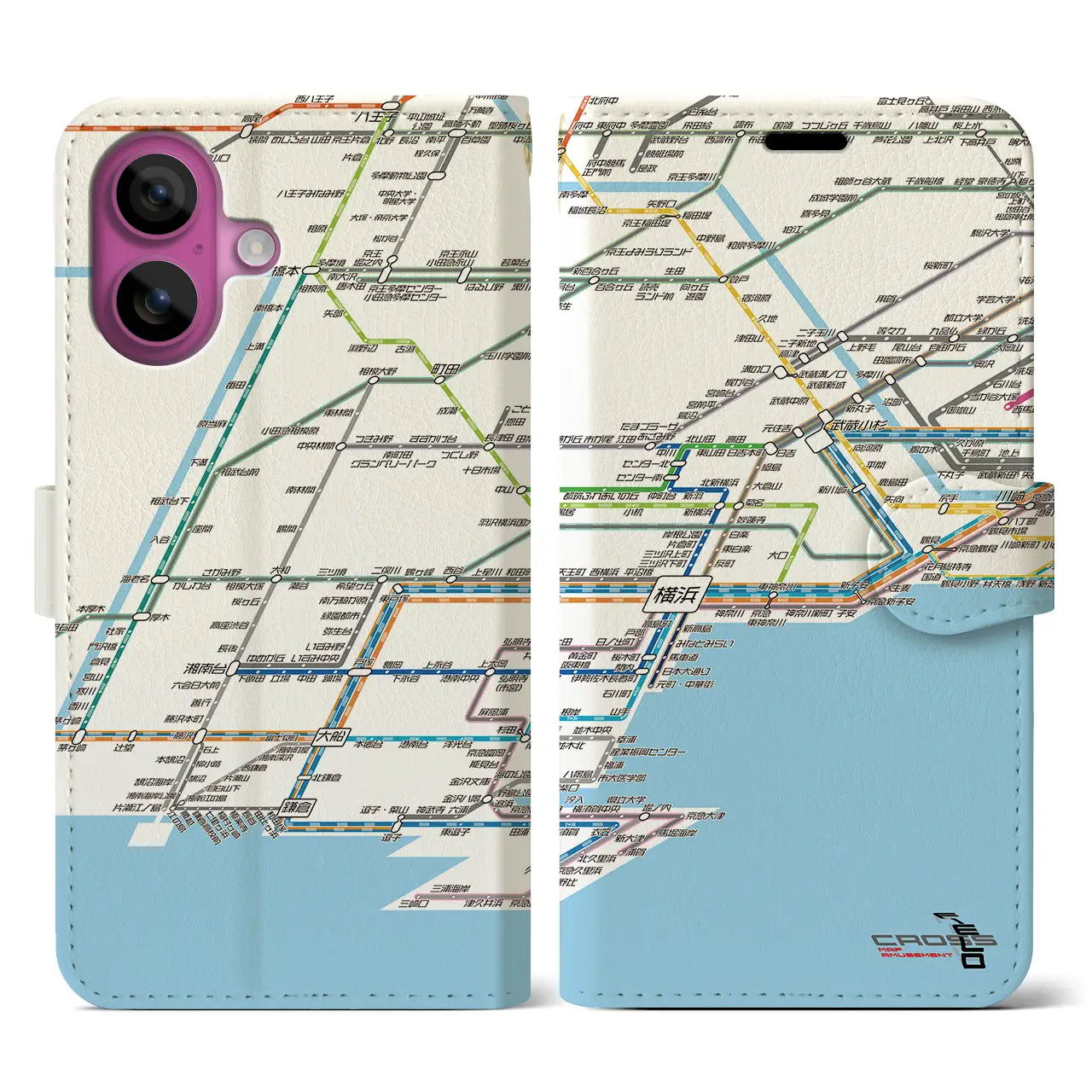 【横浜路線図（神奈川県）】路線図iPhoneケース（手帳タイプ）ホワイト・iPhone 16 Pro 用