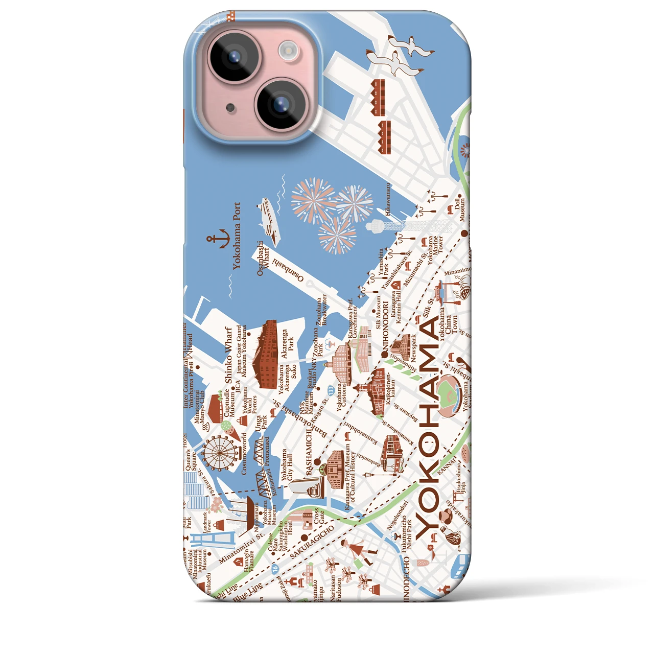 【横浜（イラスト）】地図柄iPhoneケース（バックカバータイプ・ブライト）iPhone 15 Plus 用