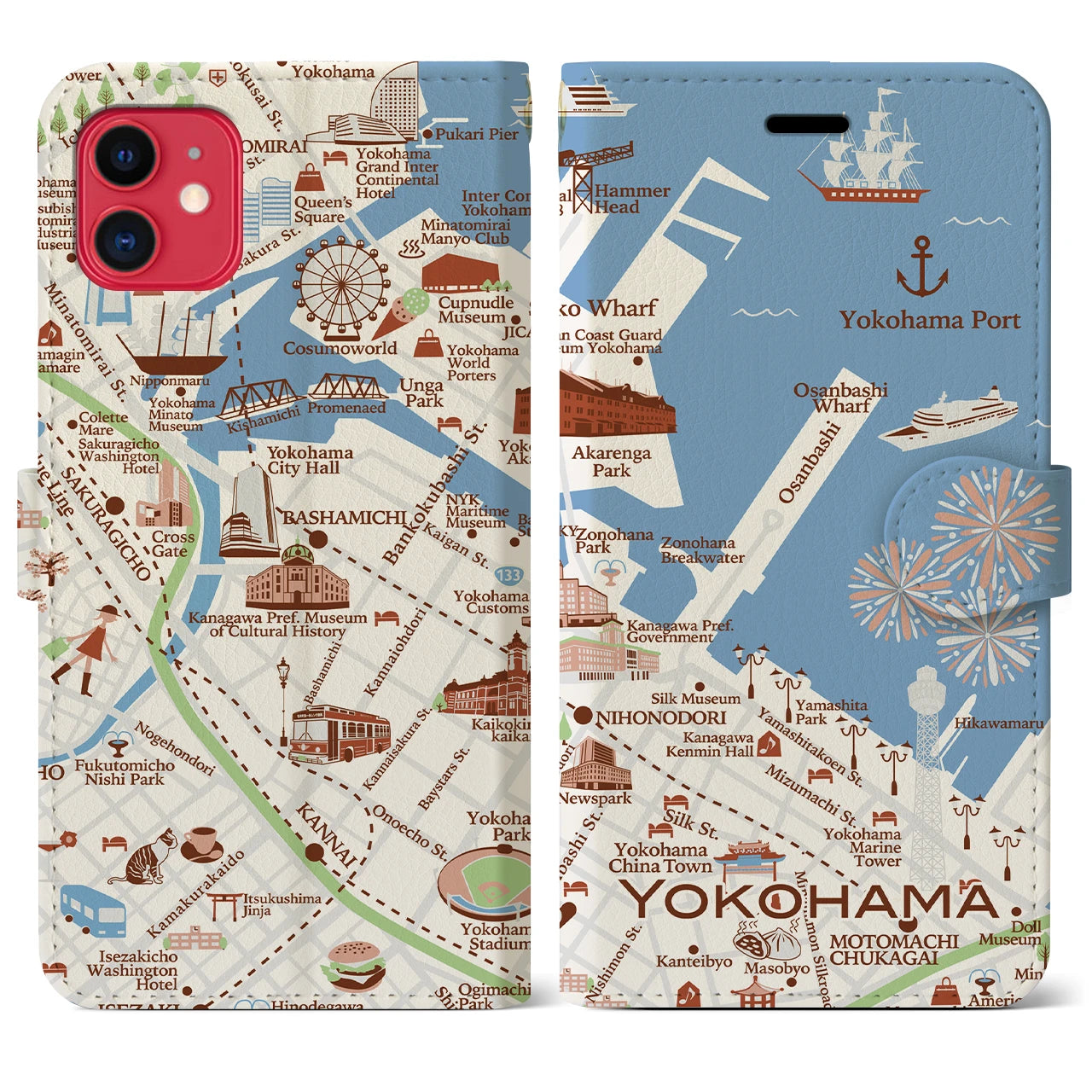 【横浜（イラスト）】地図柄iPhoneケース（手帳両面タイプ・ブライト）iPhone 11 用