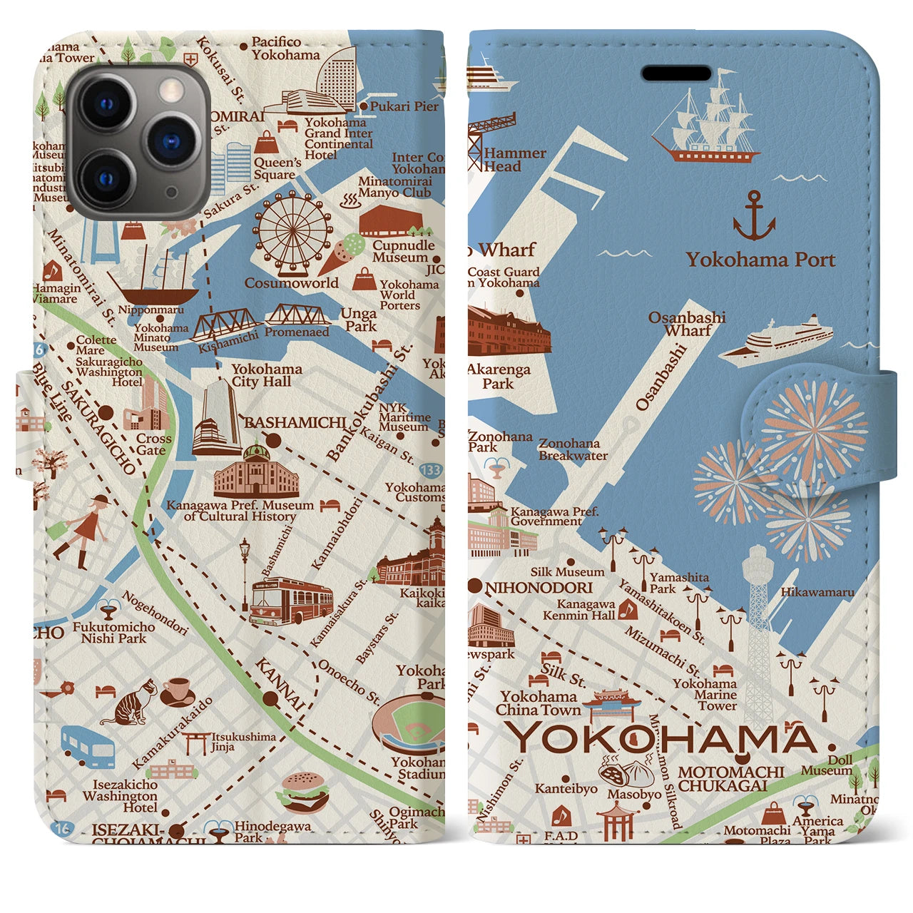 【横浜（イラスト）】地図柄iPhoneケース（手帳両面タイプ・ブライト）iPhone 11 Pro Max 用