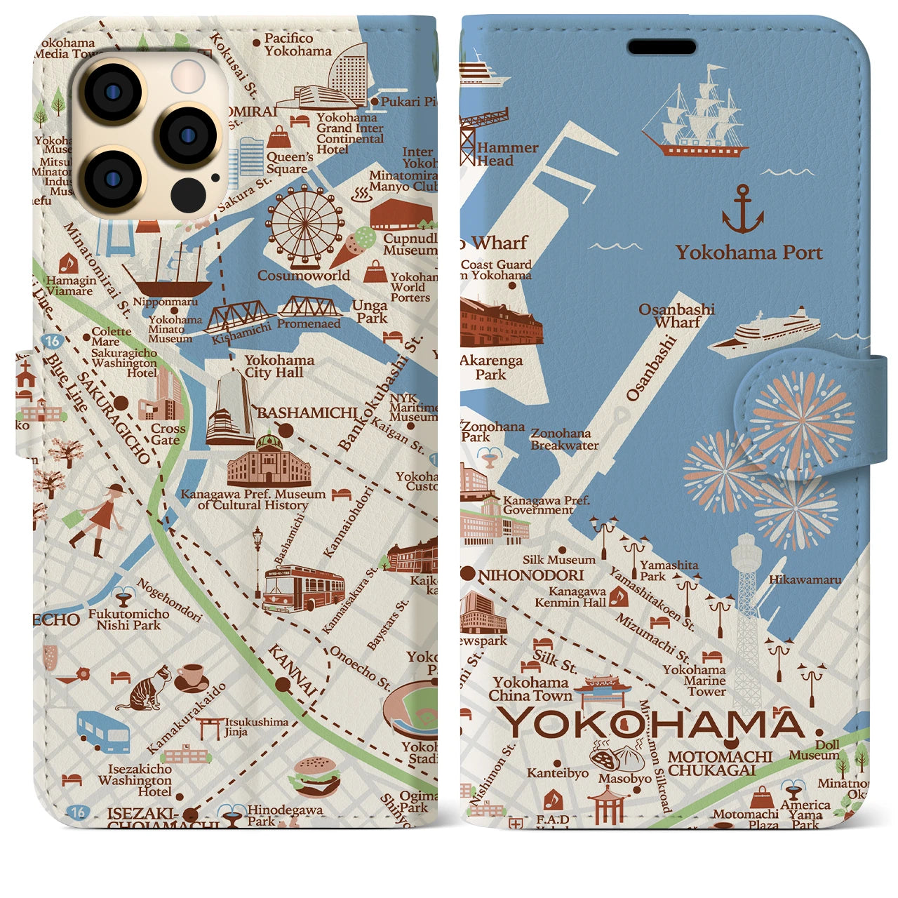 【横浜（イラスト）】地図柄iPhoneケース（手帳両面タイプ・ブライト）iPhone 12 Pro Max 用