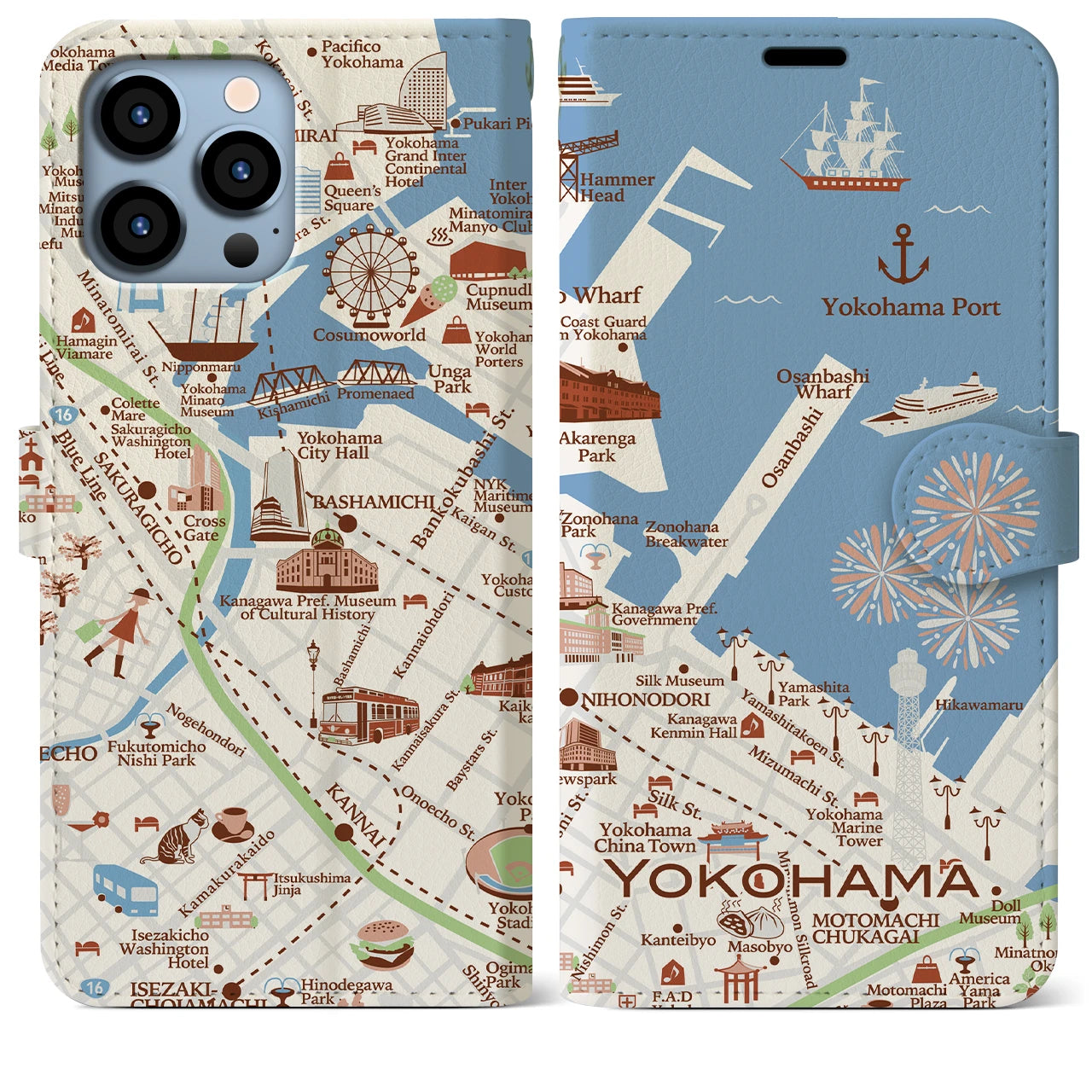 【横浜（イラスト）】地図柄iPhoneケース（手帳両面タイプ・ブライト）iPhone 13 Pro Max 用