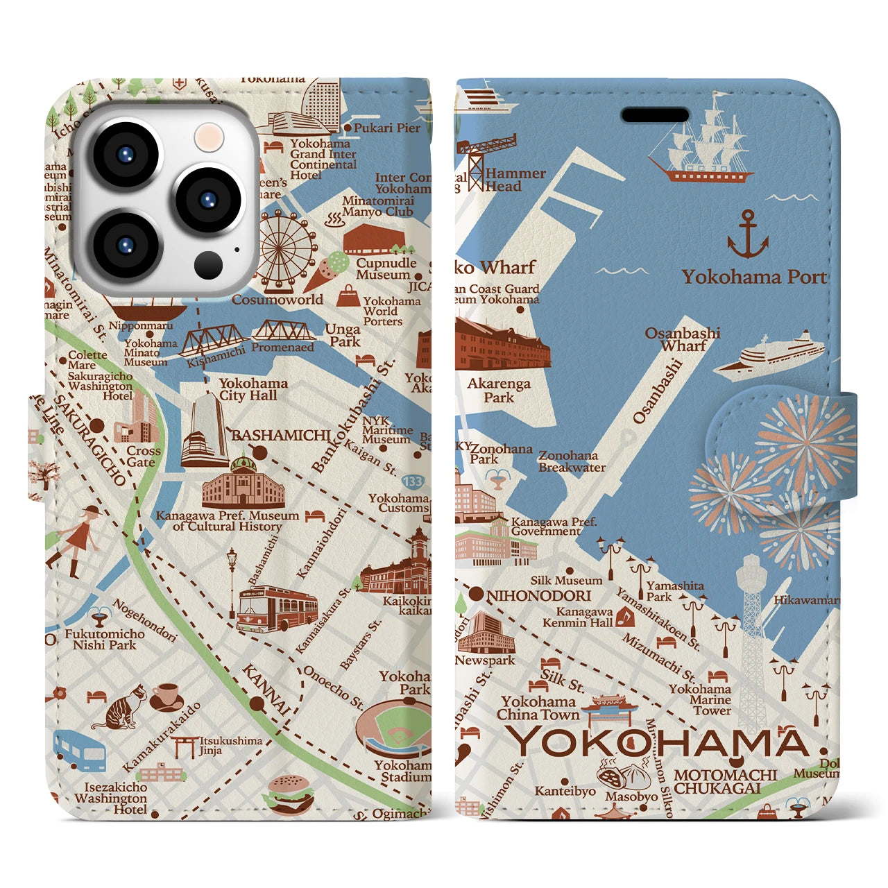 【横浜（イラスト）】地図柄iPhoneケース（手帳両面タイプ・ブライト）iPhone 13 Pro 用