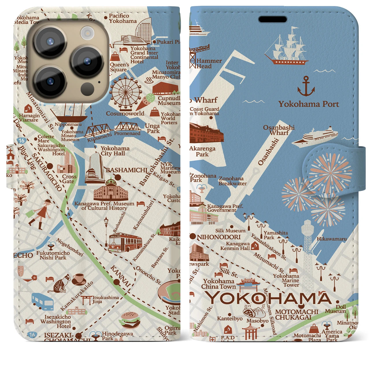 【横浜（イラスト）】地図柄iPhoneケース（手帳両面タイプ・ブライト）iPhone 14 Pro Max 用