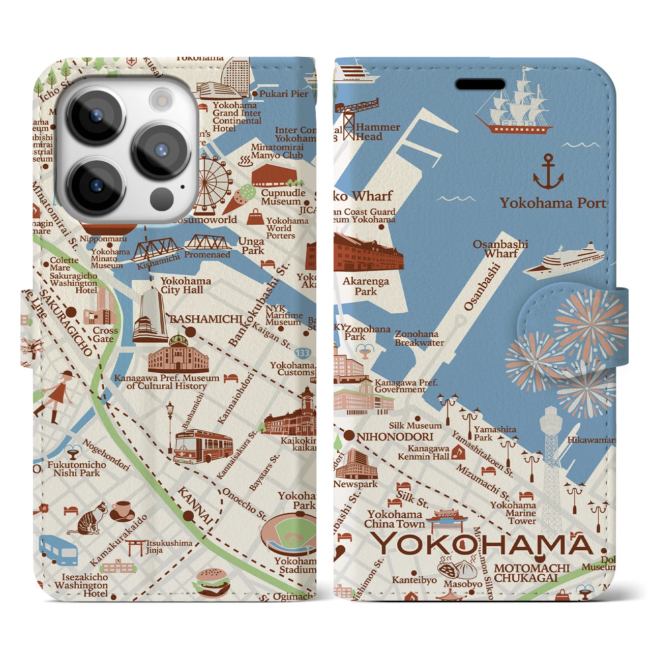 【横浜（イラスト）】地図柄iPhoneケース（手帳両面タイプ・ブライト）iPhone 14 Pro 用