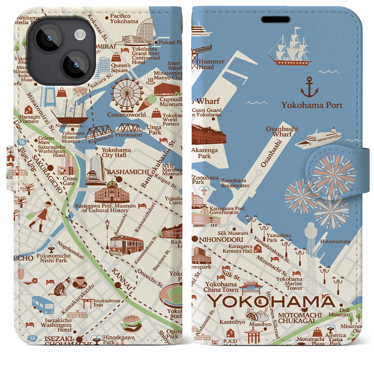 【横浜（イラスト）】地図柄iPhoneケース（手帳両面タイプ・ブライト）iPhone 14 Plus 用