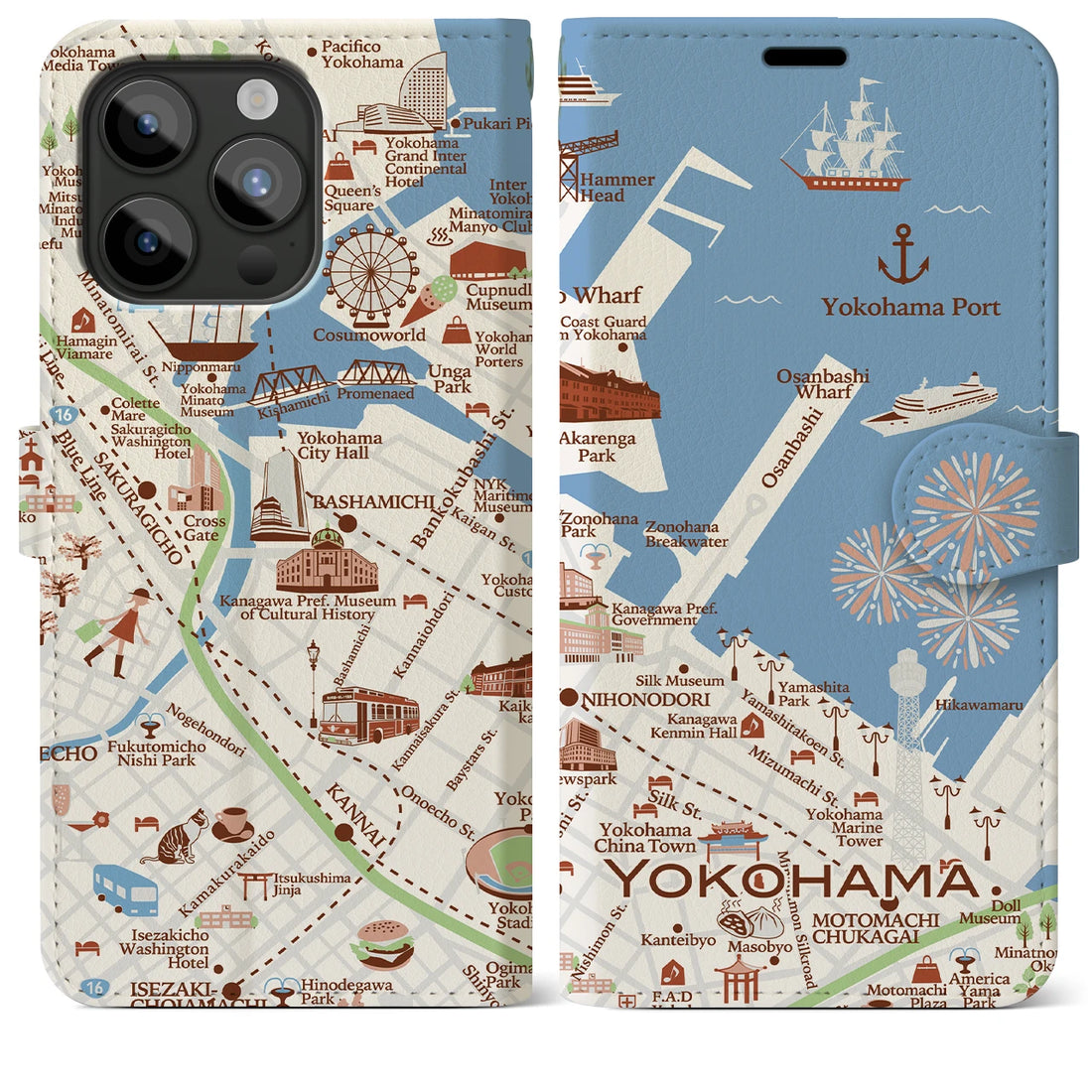 【横浜（イラスト）】地図柄iPhoneケース（手帳両面タイプ・ブライト）iPhone 15 Pro Max 用