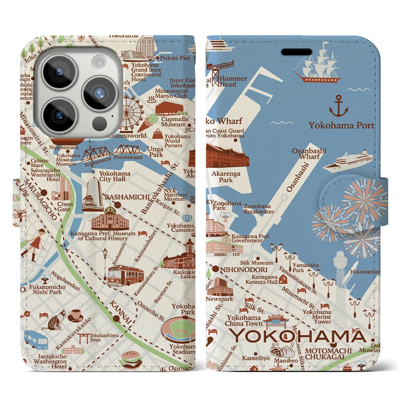 【横浜（イラスト）】地図柄iPhoneケース（手帳両面タイプ・ブライト）iPhone 15 Pro 用