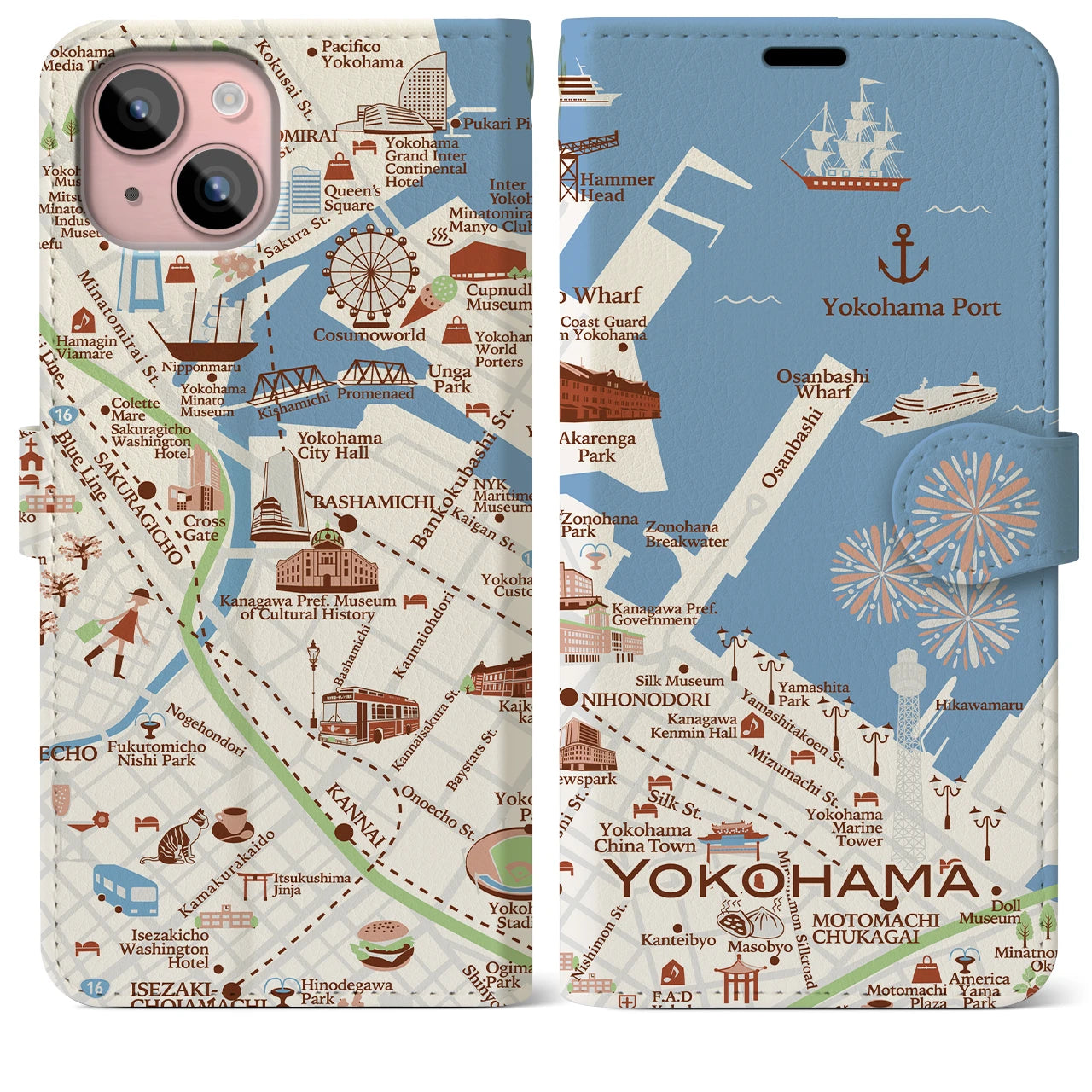 【横浜（イラスト）】地図柄iPhoneケース（手帳両面タイプ・ブライト）iPhone 15 Plus 用