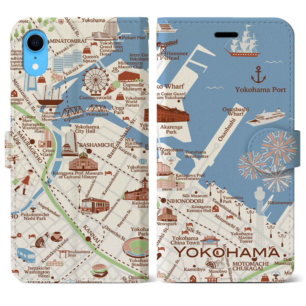 【横浜（イラスト）】地図柄iPhoneケース（手帳両面タイプ・ブライト）iPhone XR 用