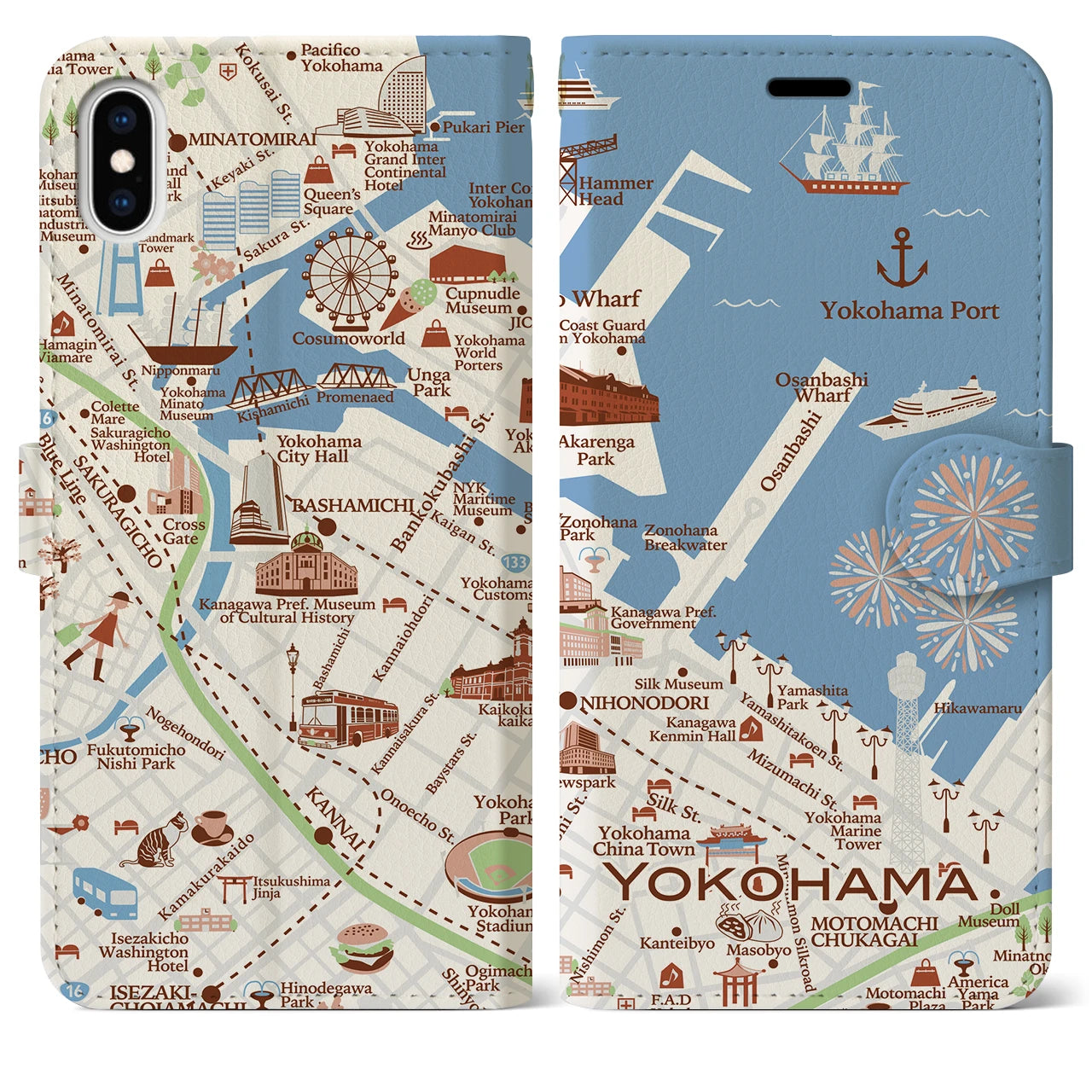 【横浜（イラスト）】地図柄iPhoneケース（手帳両面タイプ・ブライト）iPhone XS Max 用