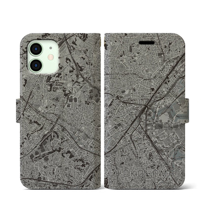【横浜2（神奈川県）】地図柄iPhoneケース（手帳タイプ）モノトーン・iPhone 12 mini 用