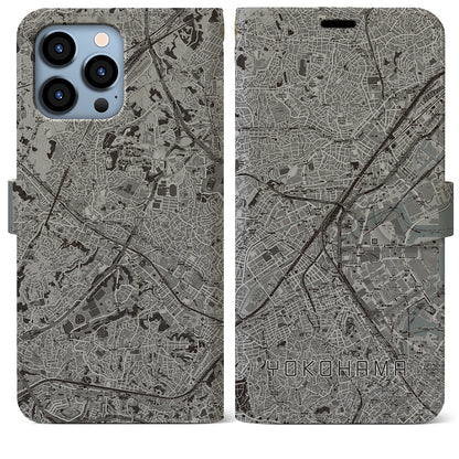 【横浜2（神奈川県）】地図柄iPhoneケース（手帳タイプ）モノトーン・iPhone 13 Pro Max 用