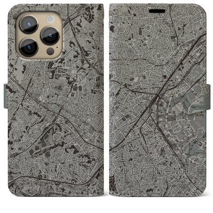 【横浜2（神奈川県）】地図柄iPhoneケース（手帳タイプ）モノトーン・iPhone 14 Pro Max 用