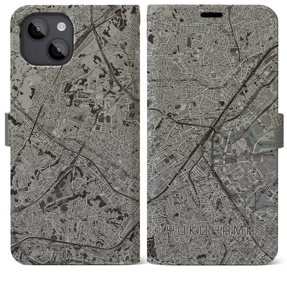 【横浜2（神奈川県）】地図柄iPhoneケース（手帳タイプ）モノトーン・iPhone 14 Plus 用