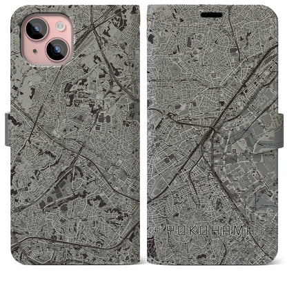 【横浜2（神奈川県）】地図柄iPhoneケース（手帳タイプ）モノトーン・iPhone 15 Plus 用