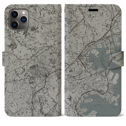 【横浜（神奈川県）】地図柄iPhoneケース（手帳タイプ）モノトーン・iPhone 11 Pro Max 用