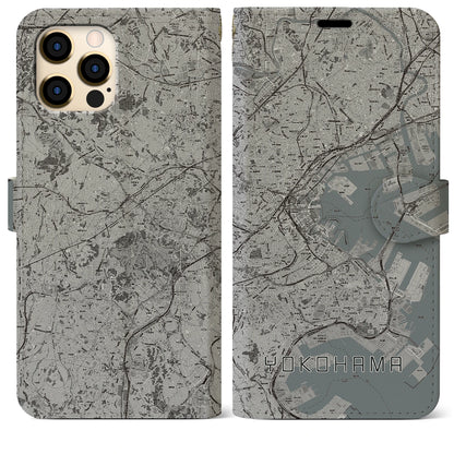 【横浜（神奈川県）】地図柄iPhoneケース（手帳タイプ）モノトーン・iPhone 12 Pro Max 用