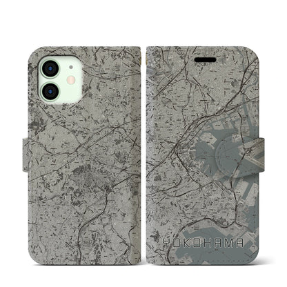【横浜（神奈川県）】地図柄iPhoneケース（手帳タイプ）モノトーン・iPhone 12 mini 用