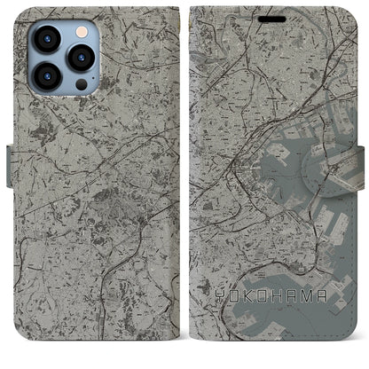 【横浜（神奈川県）】地図柄iPhoneケース（手帳タイプ）モノトーン・iPhone 13 Pro Max 用